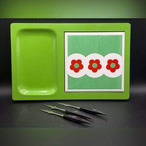 Vintage Groovy 60s Floral Cheese Board Server Tray w/ Hors d’oeuvres Picks Forks